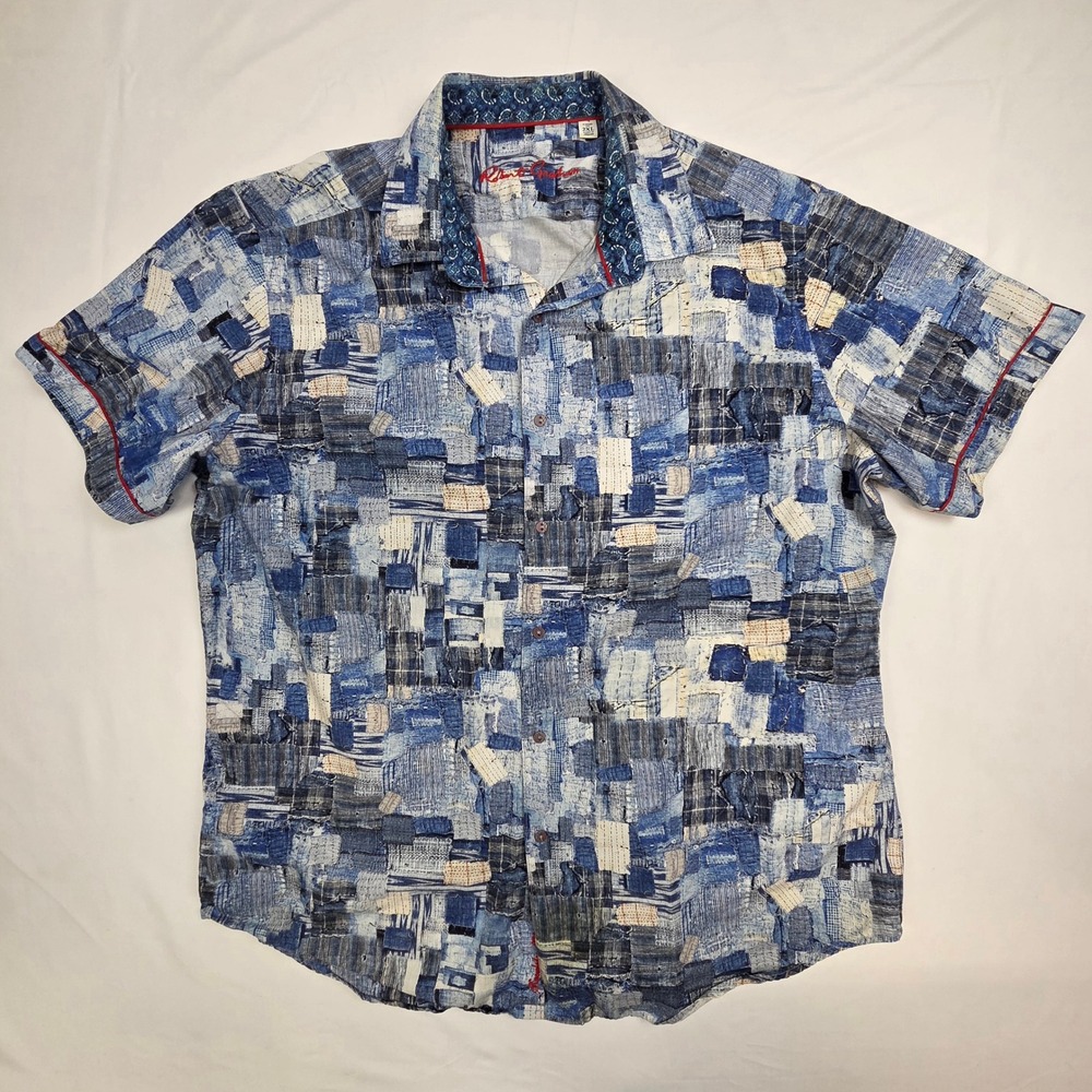 Robert Graham Mens Patchwork Sashiko Shirt 2XL Blue Short Sleeve Classic Fit